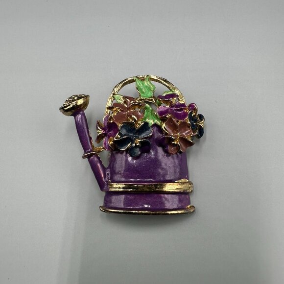 3/$30 Floral Watering Can Brooch Purple Enamel Gold Tone Flower Basket Pin - Picture 3 of 9
